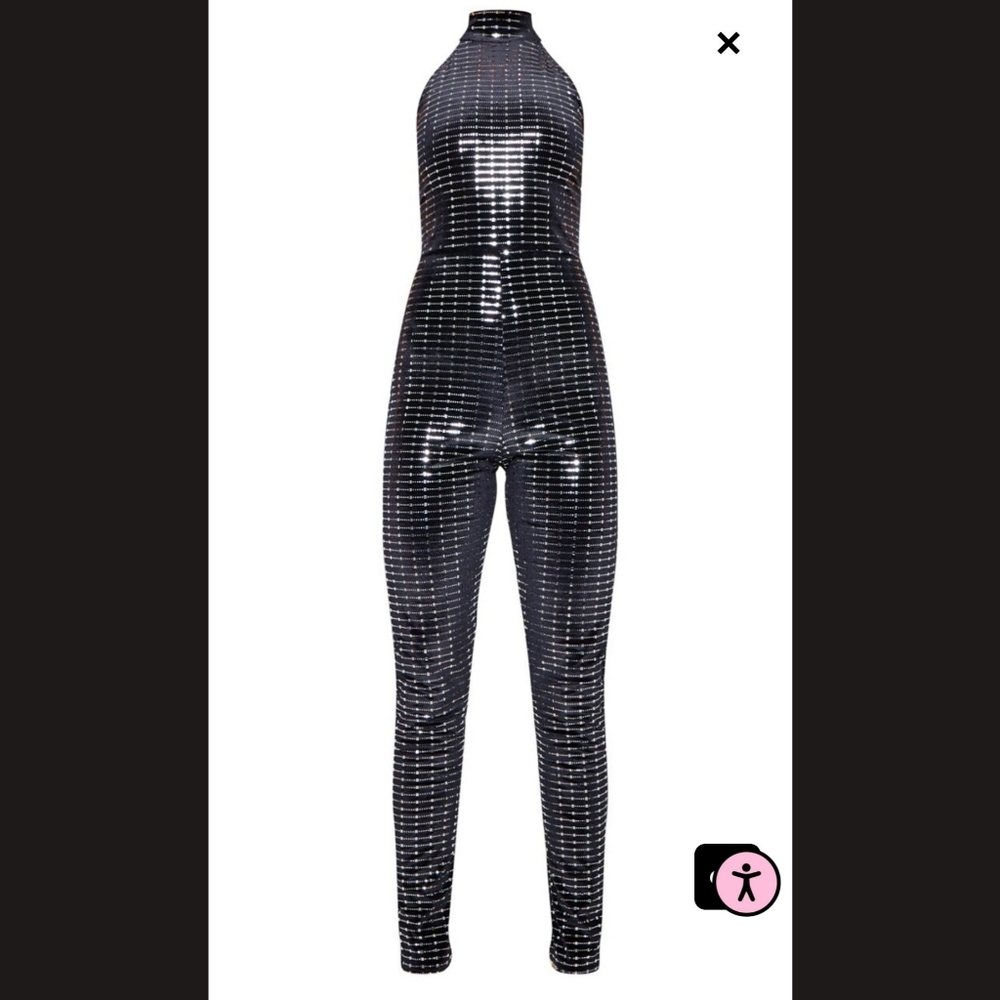 NWT PLT Black Sequin Mirror Velvet Halterneck Jumpsuit - Picture 4 of 10